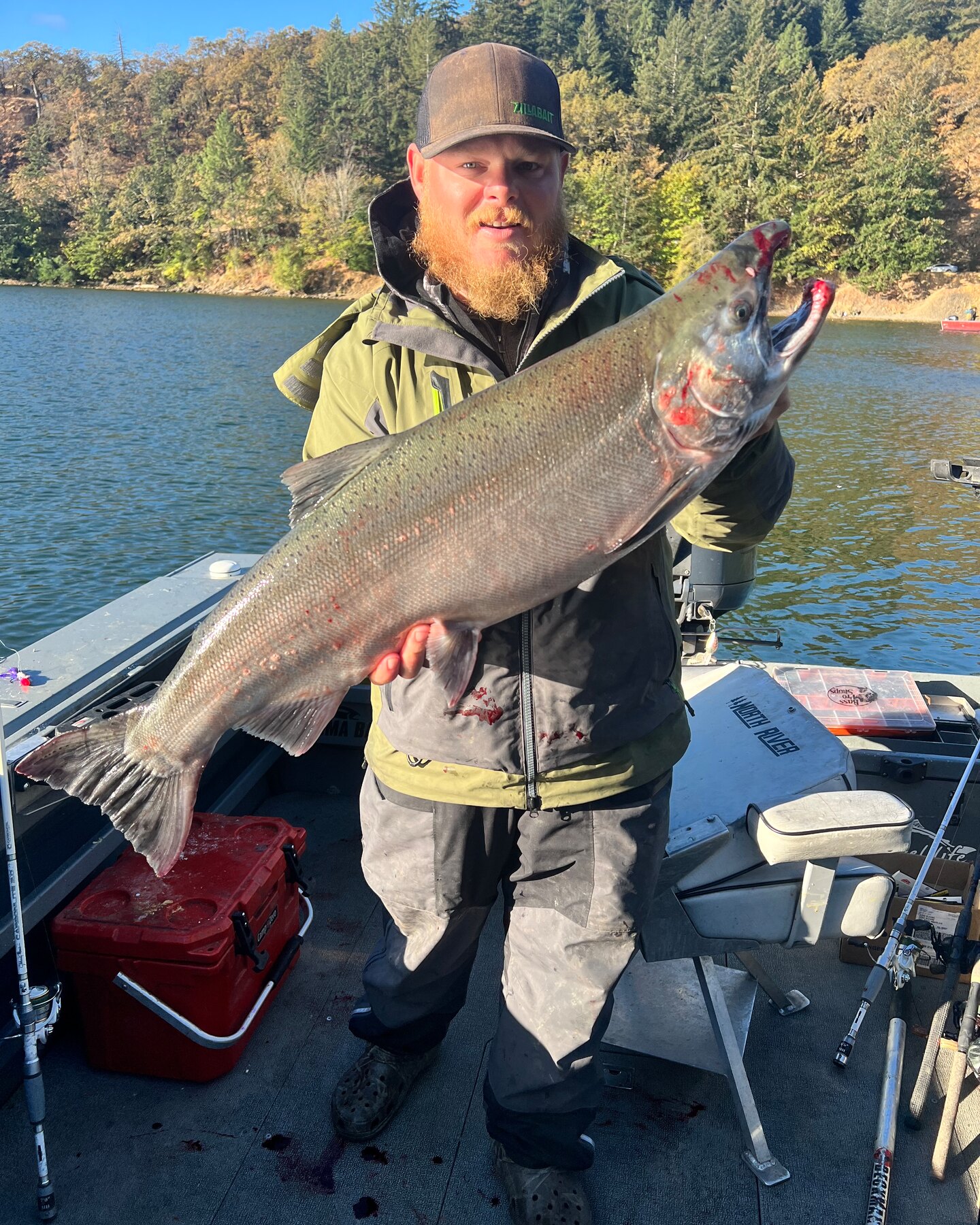 Angler holding a big coho salmon on the boat